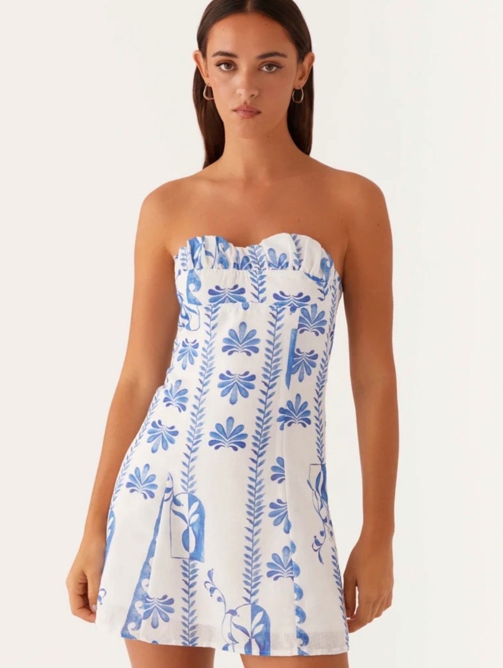 Peppermayo Tayla Linen Mini Dress Strapless Blue White Print XS - Picture 2 of 5
